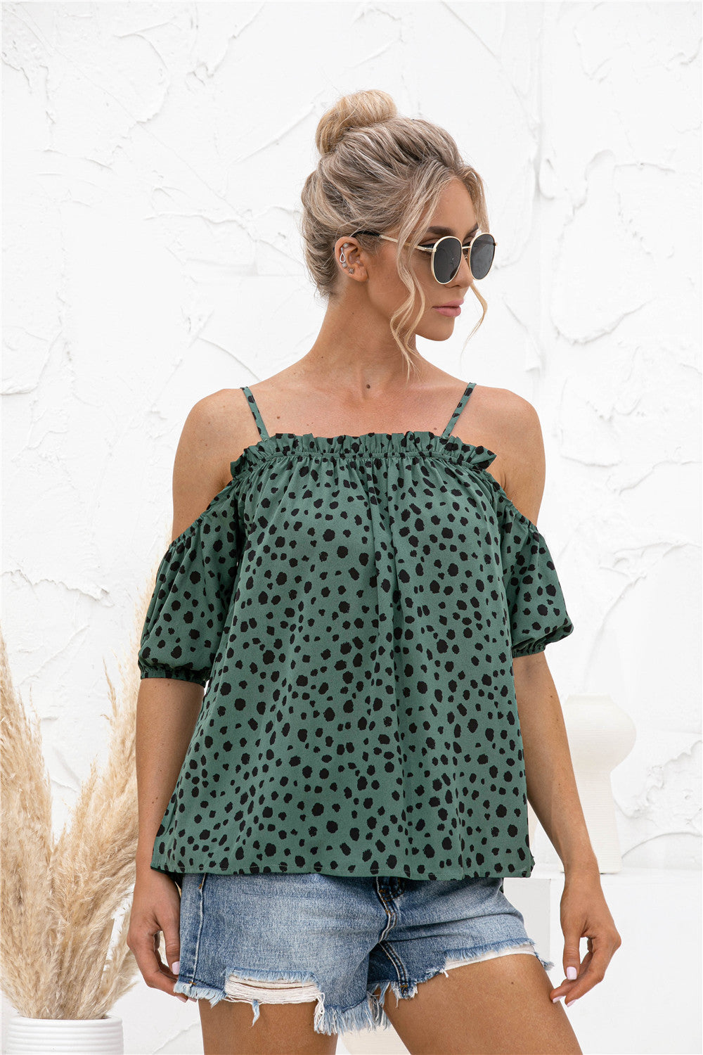 Printed Cold-Shoulder Frill Trim Blouse