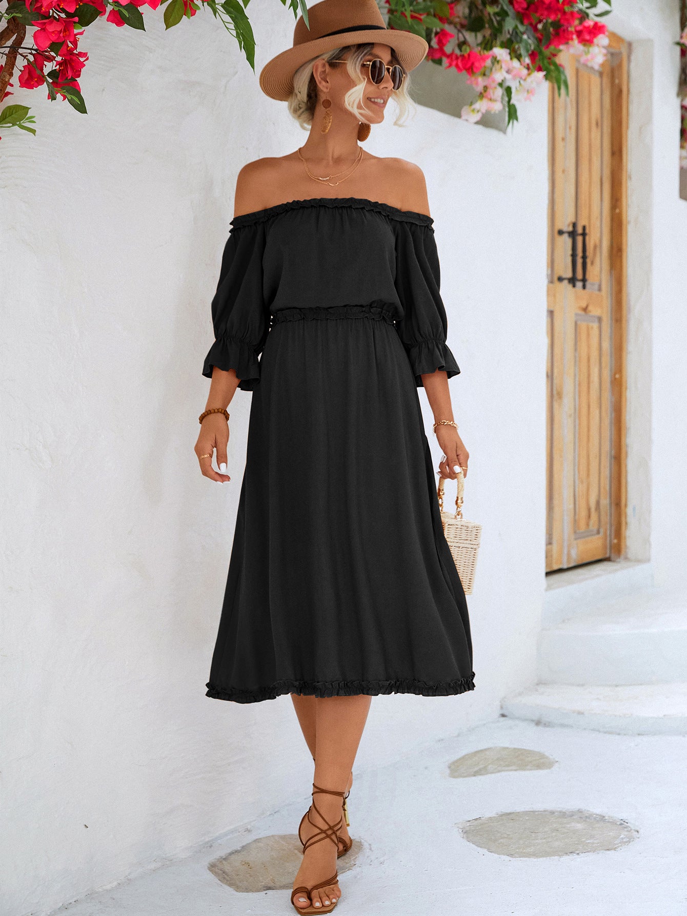 Frilled Off-Shoulder Flounce Sleeve Dress