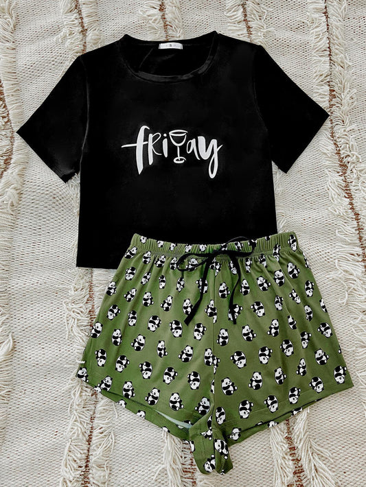 Friyay Graphic Tee and Panda Print Shorts Lounge Set