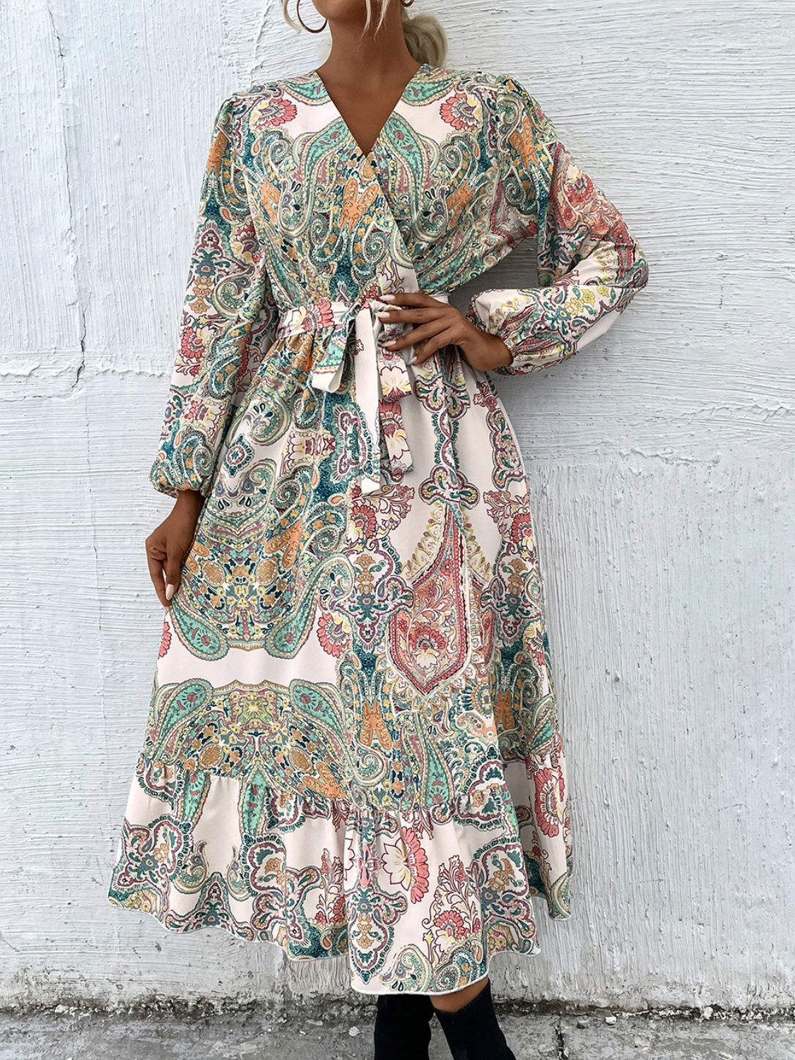 Paisley Belted Balloon Sleeve Surplice Dress