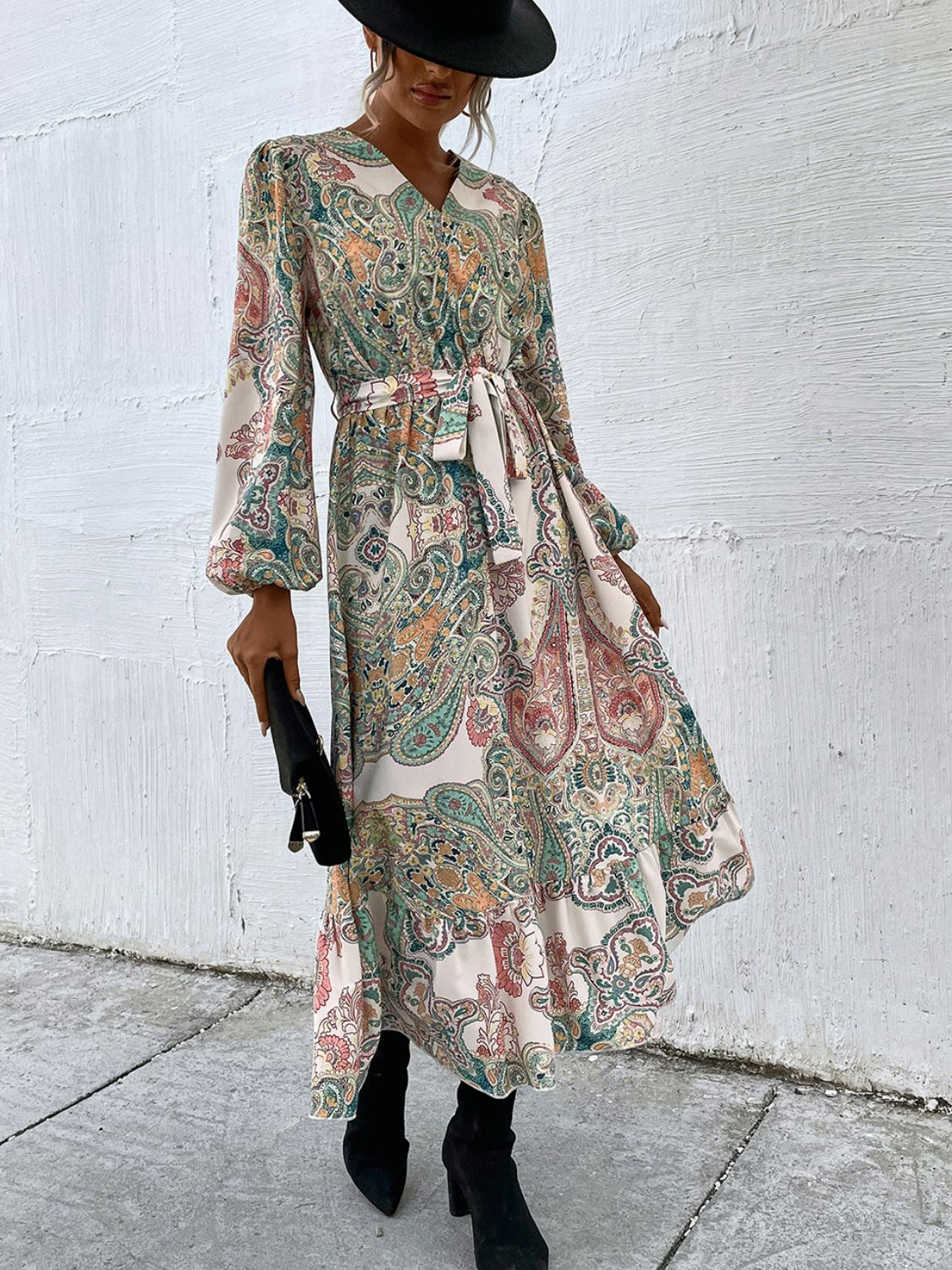 Paisley Belted Balloon Sleeve Surplice Dress