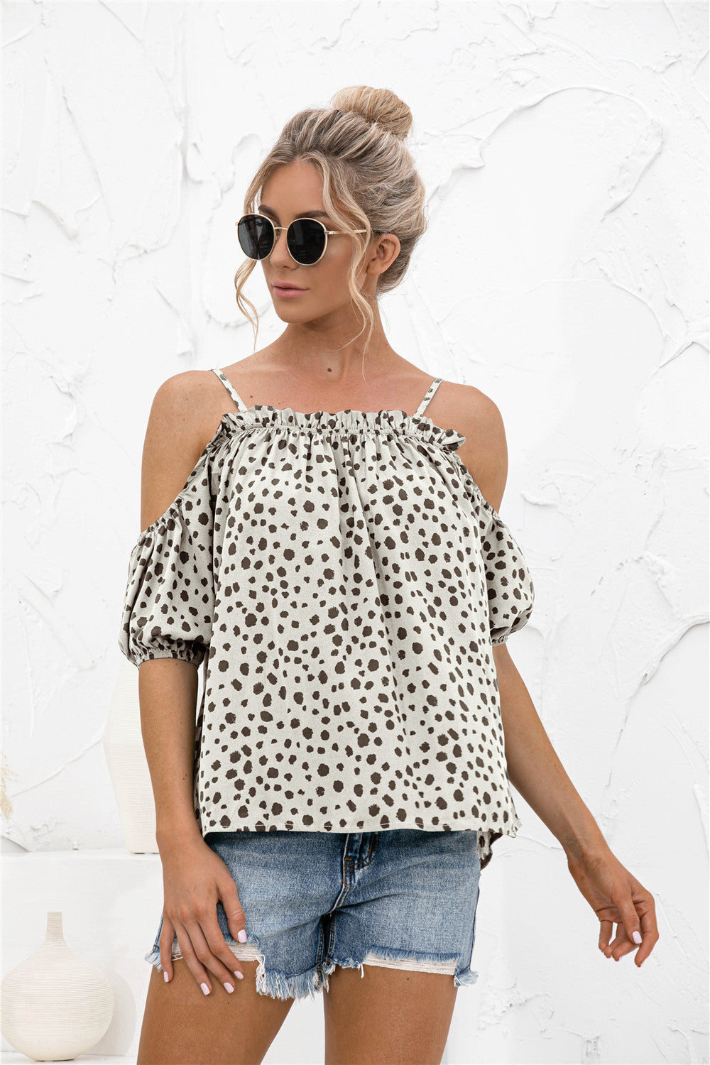 Printed Cold-Shoulder Frill Trim Blouse