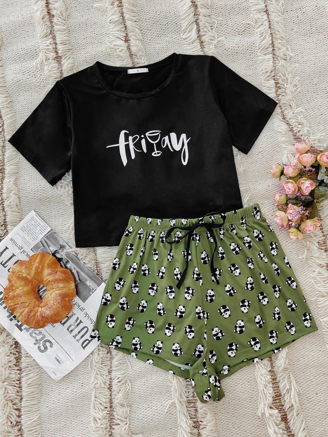 Friyay Graphic Tee and Panda Print Shorts Lounge Set