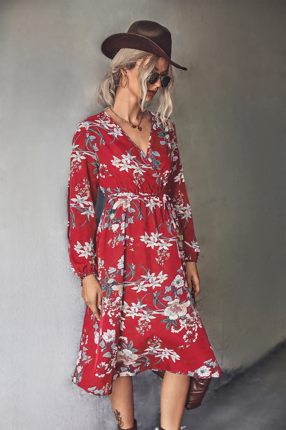 Floral Tie-Waist Surplice Dress