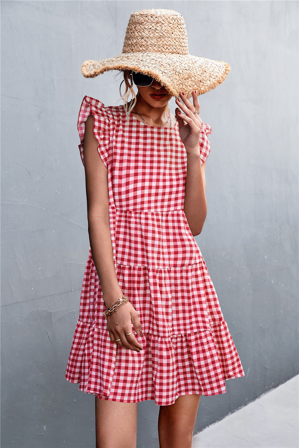 Gingham Ruffle Shoulder Tiered Dress